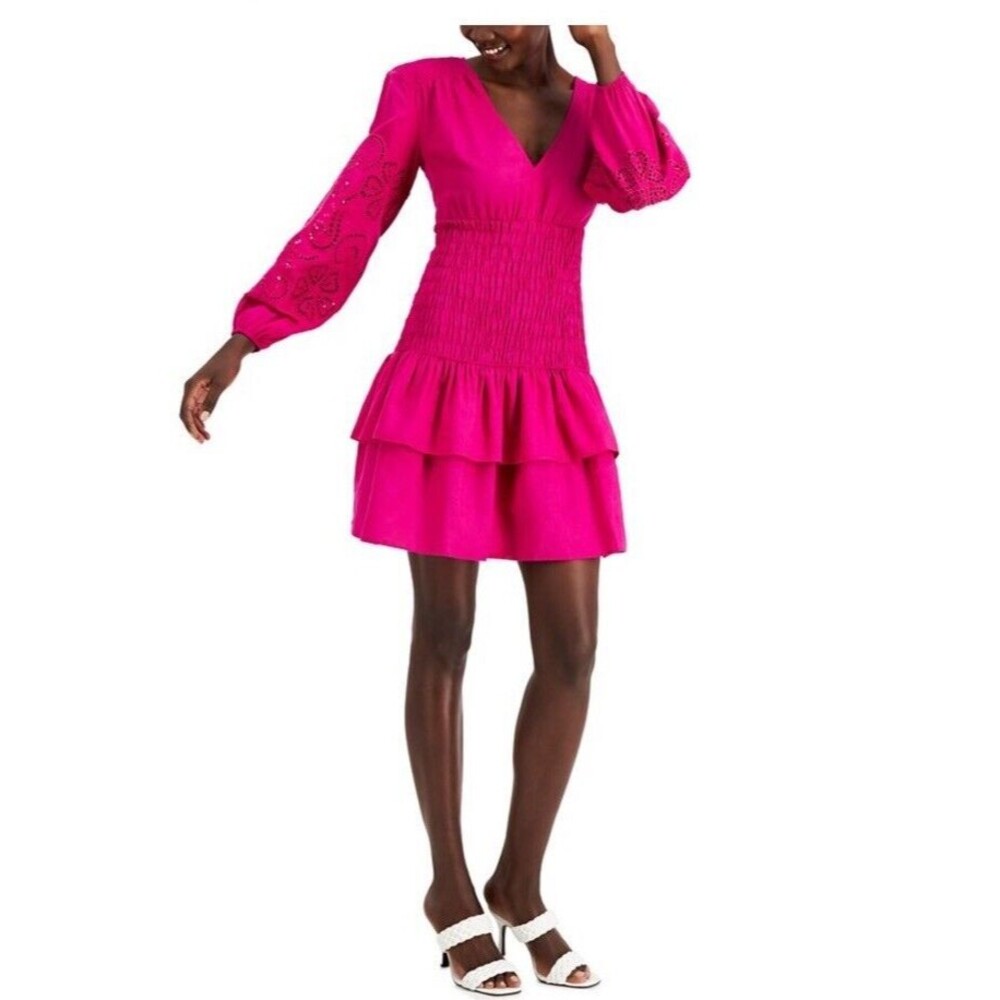 INC Linen Blend V-Neck Smocked Ruffle Tiered Mini Dress in Magenta Size M
